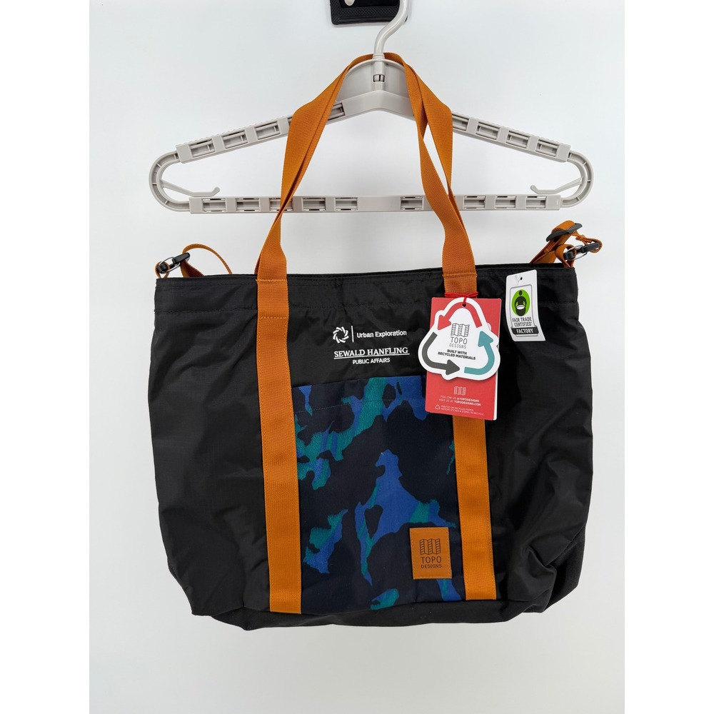 Topo Designs Mountain Essential Tote Black Orange Blue Camo Recycled Nylon Bag